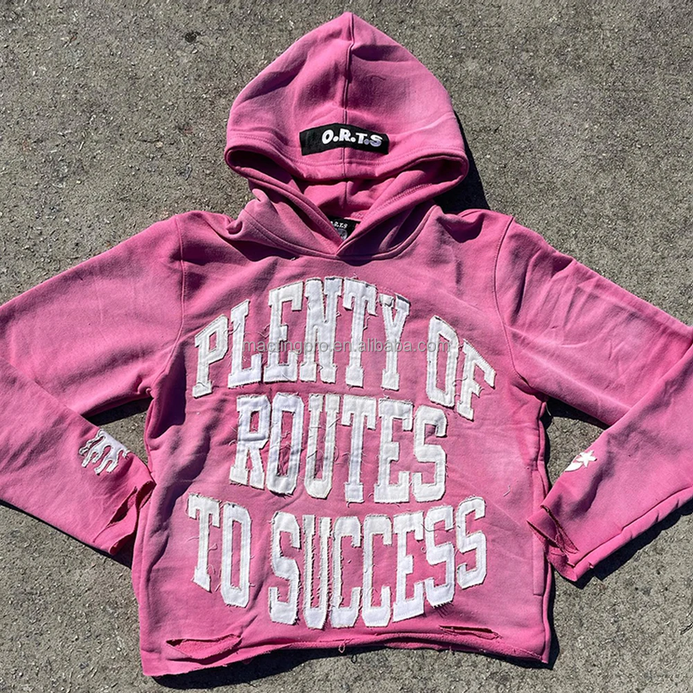 Custom Distressed Patch Embroidery Vintage Applique Men's Cropped Stone Acid Washed Hoodie