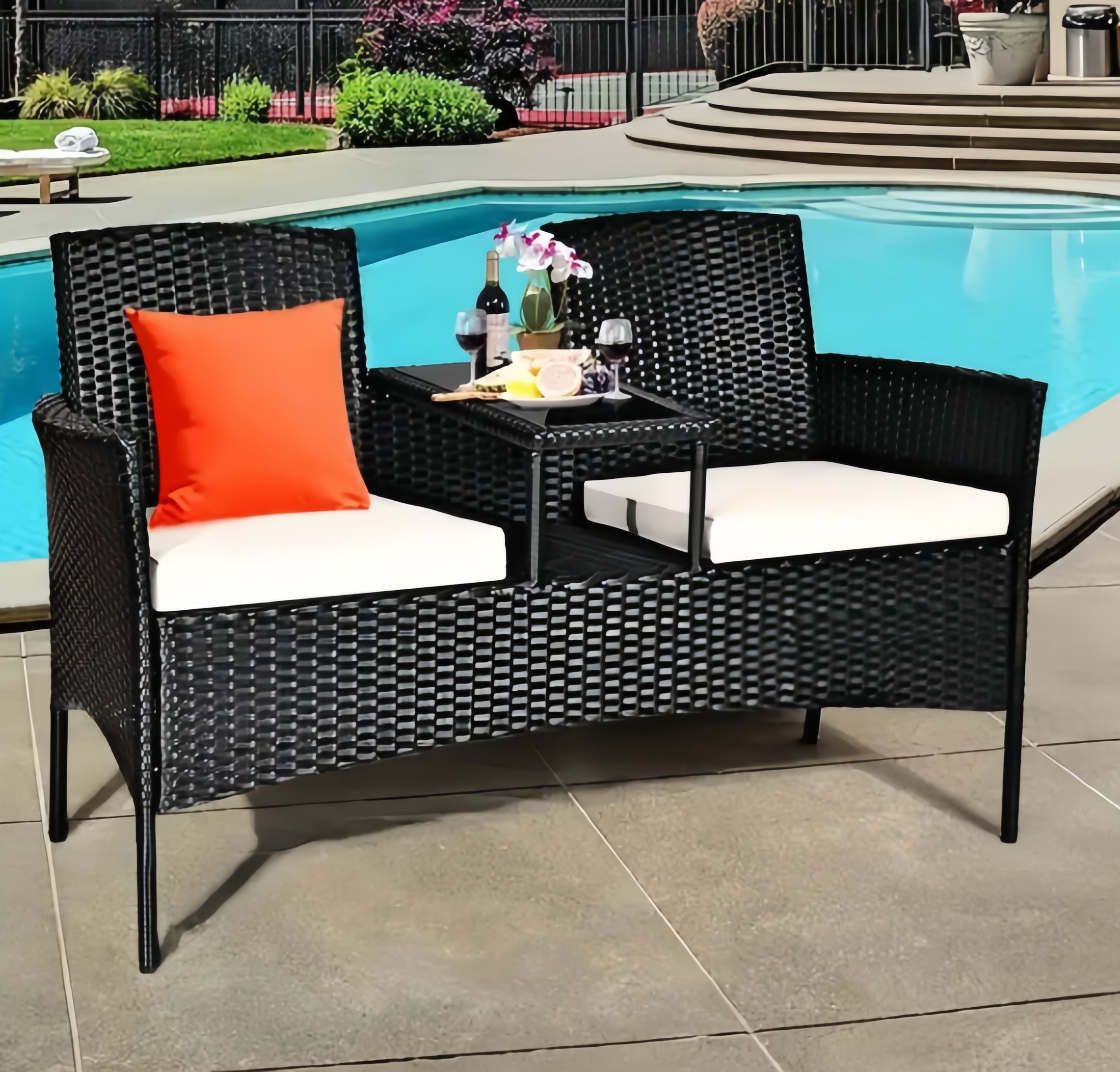 153cm Loveseat Set Patio Wicker Conversation Set Rattan Removable Cushions