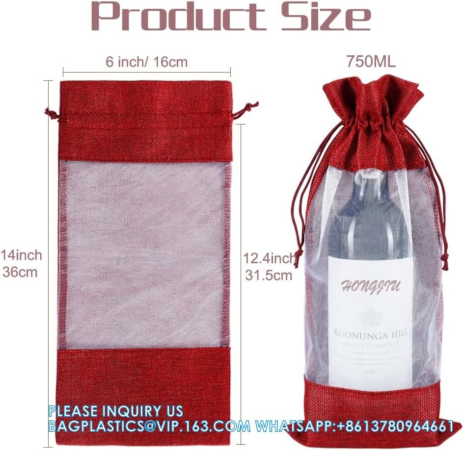 Organza Gift Bags, Jute Red Wine Bags, Burlap Bottle Pack 750ml With Sheer Window Organza Hessian Drawstring Bags