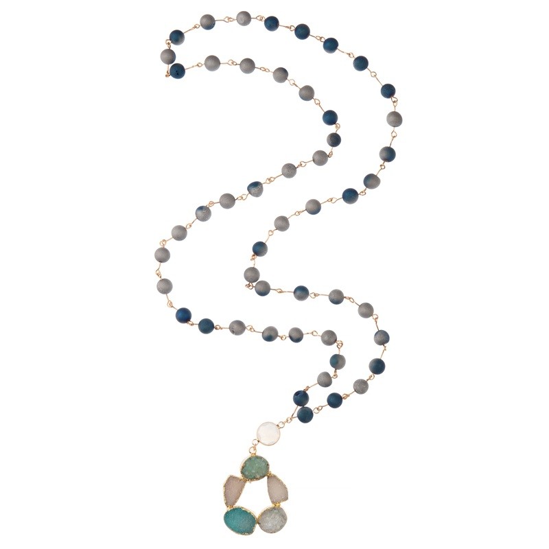 Natural Druzy Flower Pendant Handmade Gold Chain Necklace With Gray Lava Beads
