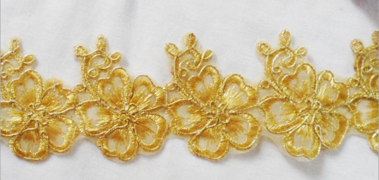 Gold Wire Embrodery Lace Edge with Cord Embroidery Sliver Lace Trim
