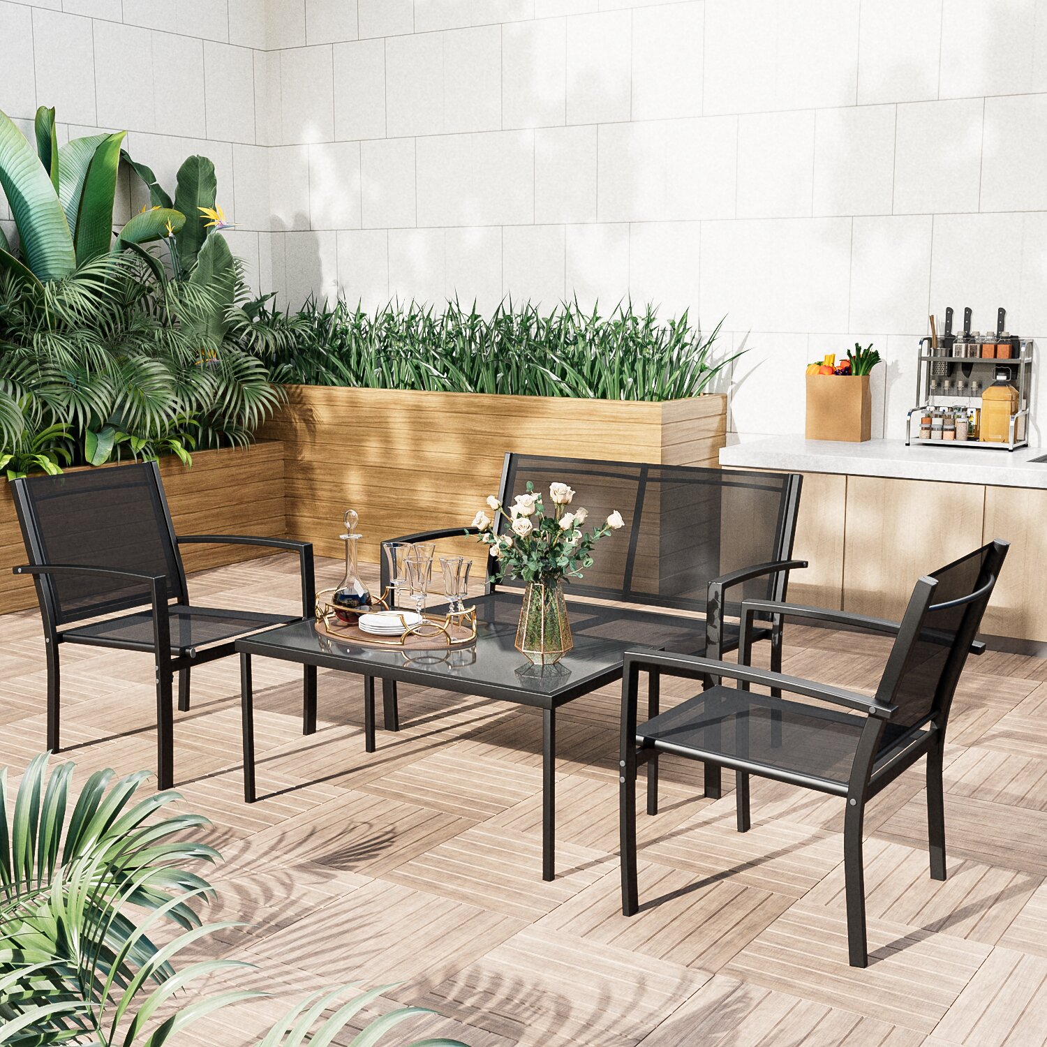 Modern and Stylish AJUNION 4 Piece Steel Garden Furniture Sofa Set with Coffee Table