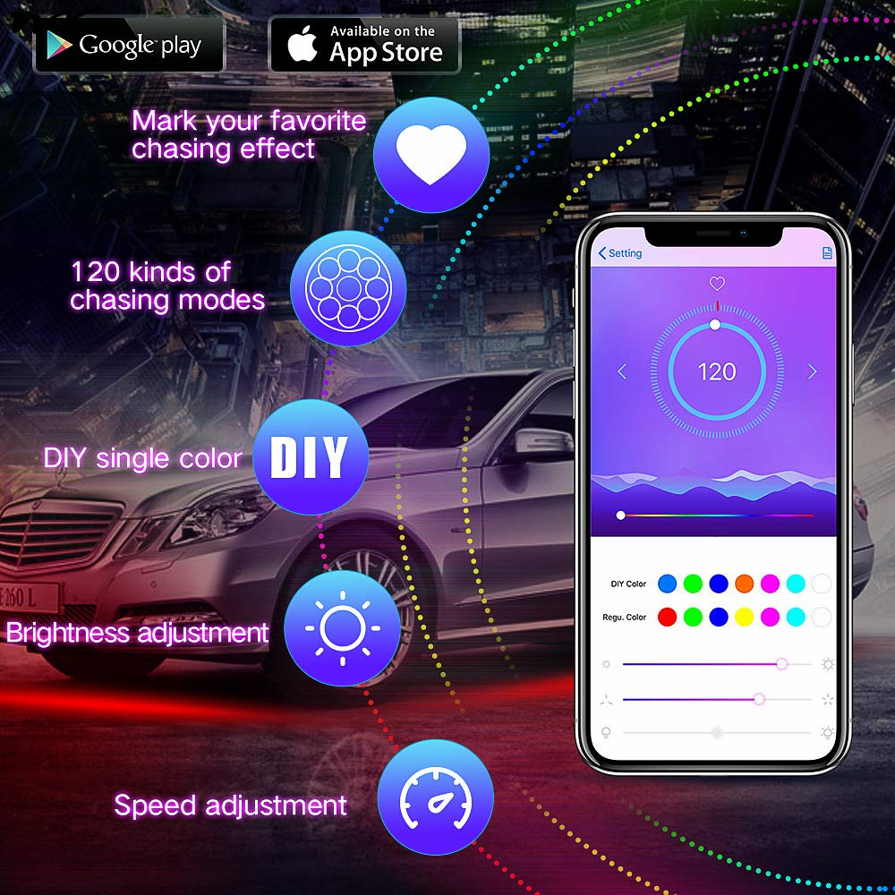 Bluetooth Controlled Car Underglow Lights with Dream Color Chasing 6 Pcs 12V 300 LEDs