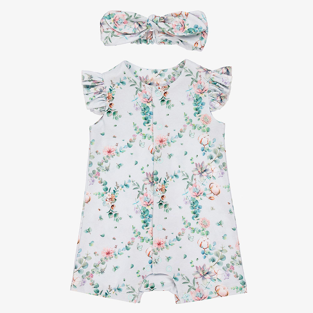 2pcs Sets Baby Cute Casual Summer Breathable Allover Flower Printed Falbala Sleeve Baby Jumpsuit