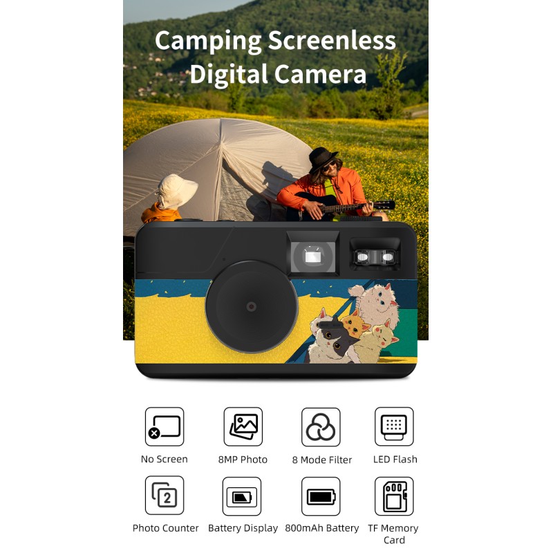 Retro Screenless Digital Camera Screen-free 8 Mode Filters Without Screen 8MP Photo with Photo Counter LED Flash Camping Camera