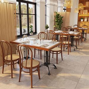 China Simple Restaurant Interior Design American Retro Cafe Bistro Restaurant Rattan Wooden Table and Chairs on sale