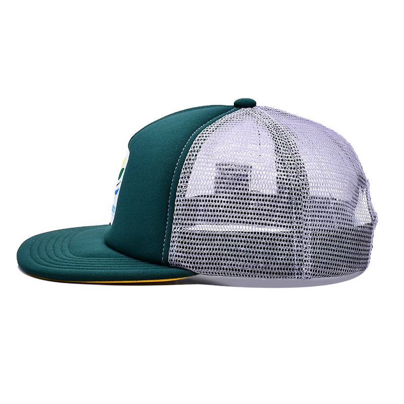 Custom 5 Panel Flat Brim Mesh Trucker Hat, Embroidered Woven Label Logo Foam Trucker Caps