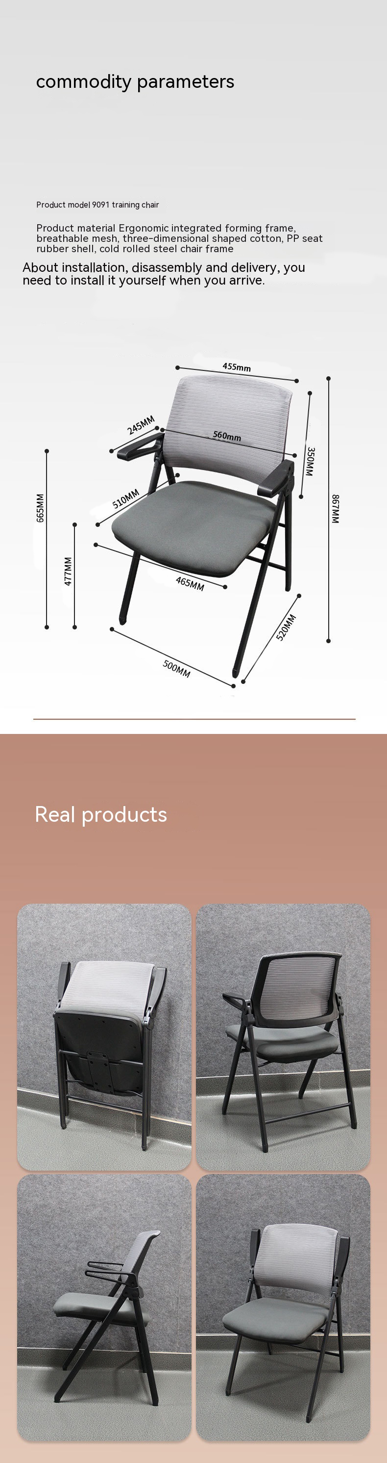 Comfortable Training Office Chair with Fixed Handrail Reclining and Foldable Design