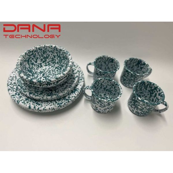 Classic Decal Metal Enamel Tableware Set Mugs Bowls Plates Sets Outdoor Camping