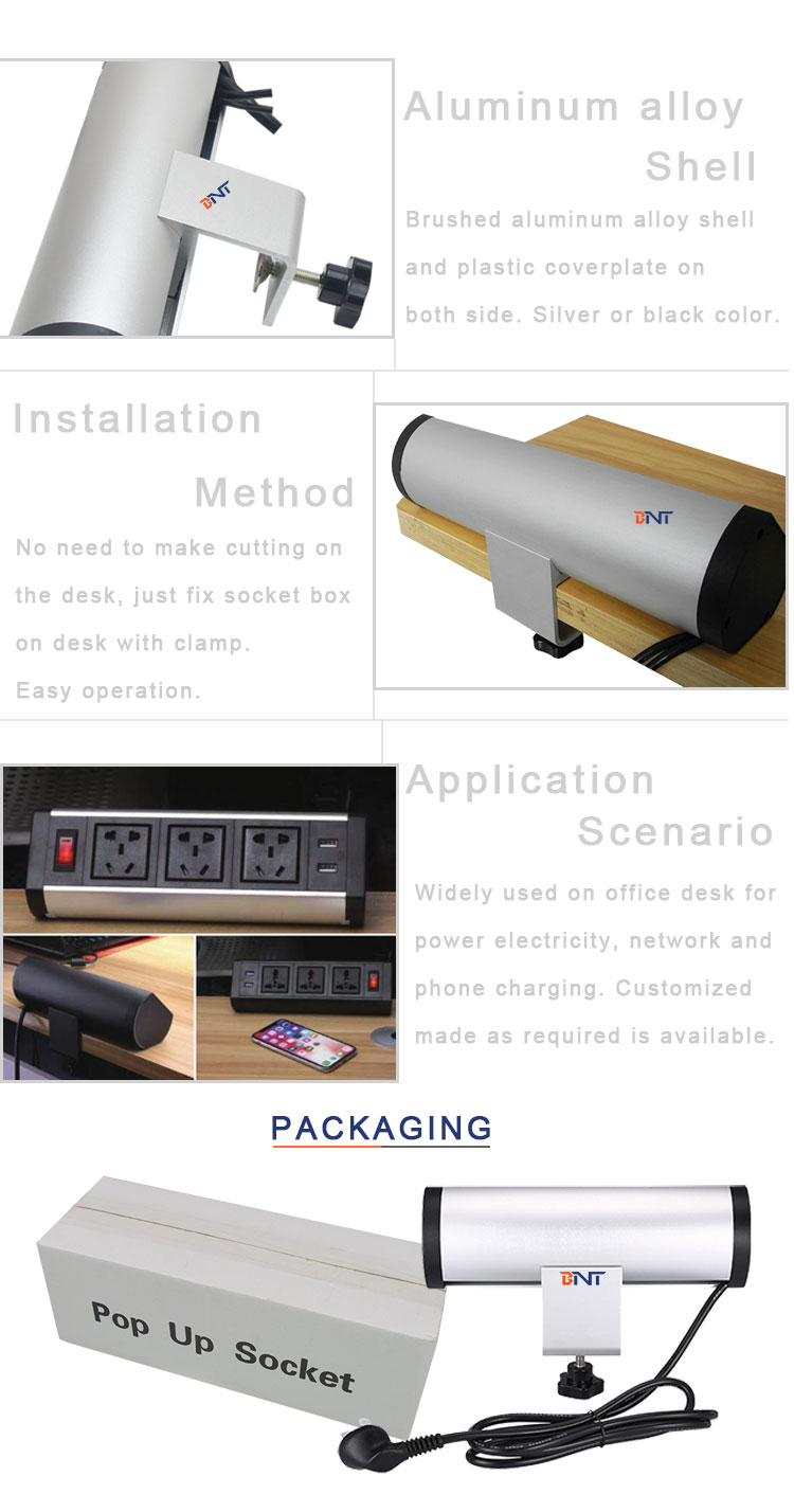 Fix on desk edge conference table power outlet with customized module