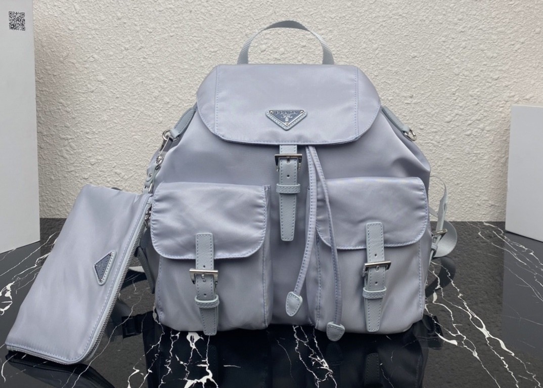 Detachable Small Blue 30cm Womens Nylon Backpack Triangle Logo
