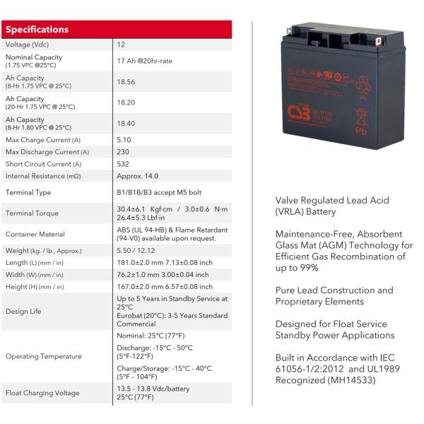 CSB GP12170 12V 17Ah VRLA Battery for UPS Systems