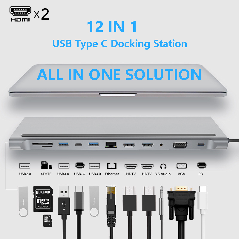 Enhanced Connectivity 12 In 1 USB C Type-C Hub Multiport Dock Station With Dual HDMI