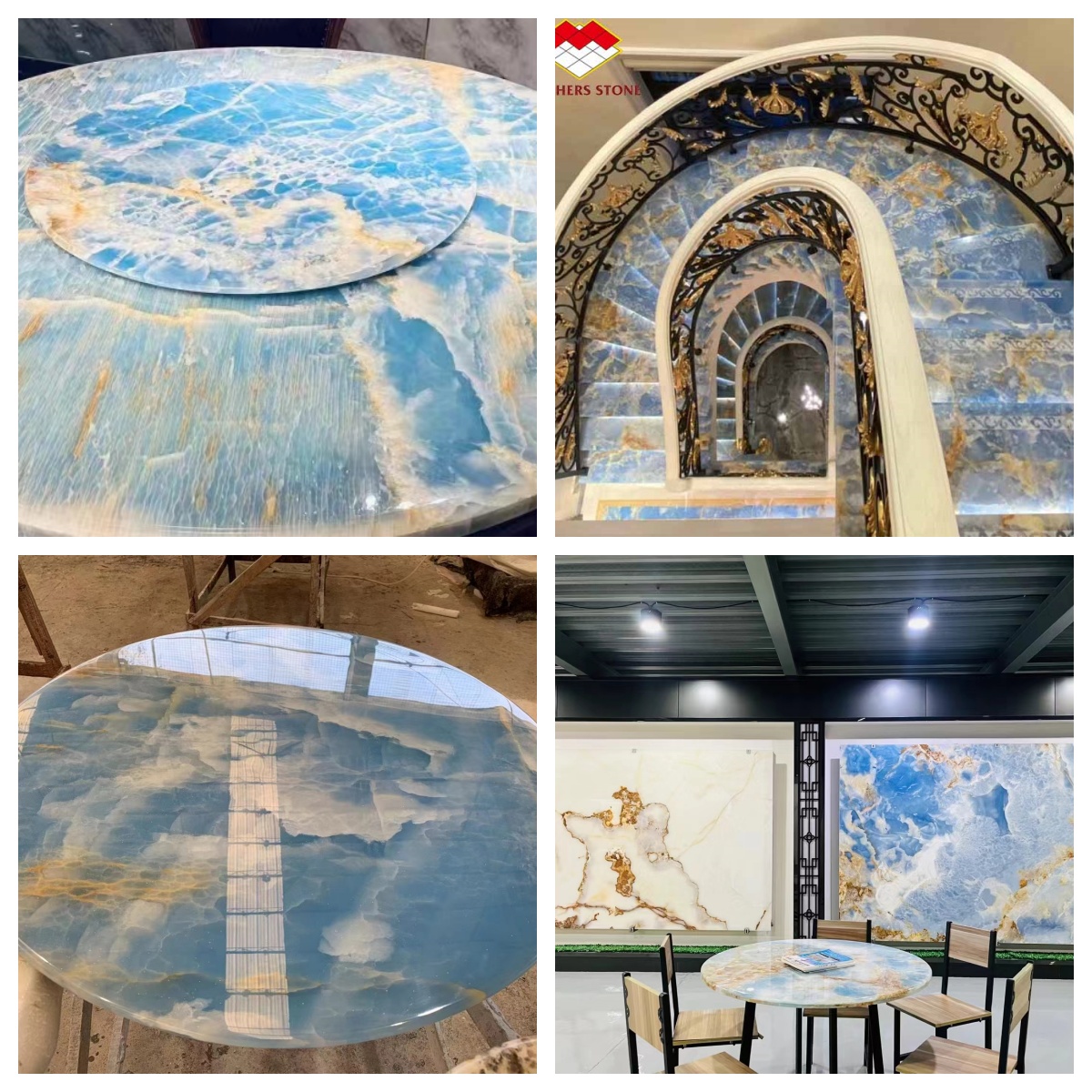 Blue Golden Onyx Stone Slabs Natural Translucent Marble for TV Background Wall Panels