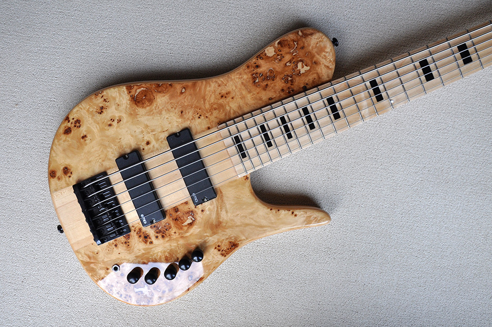 Custom 6 Strings Neck Thru Body Electric Bass Guitar with 24 Frets Active Pickup Maple Fretboard Natural Wood Color