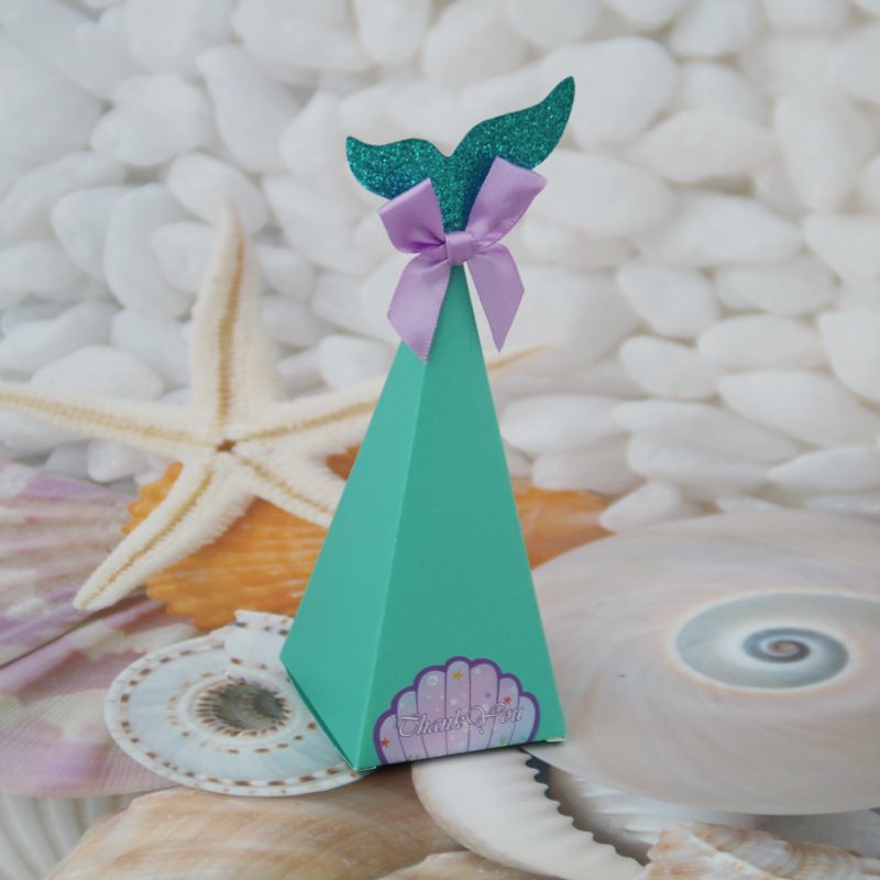 Mermaid Tail Paper Candy Box, Wedding Birthday Party Gift Boxes, Custom Logo Cookie Chocolate White Cardboard Carton Foldling Packaging Box with Ribbon