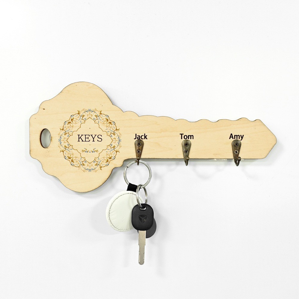 DIY Creative Sublimation Blank Wooden Key-Shaped Wall Hanging Holder With Hooks For Sublimation Photos Printing