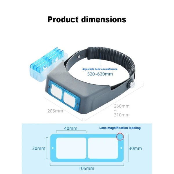 Head mounted magnifying glass with 2x magnification for hands-free operation and lightweight design