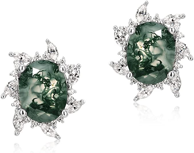 Earrings for women, Natural Moss Agate 925 Sterling Silver Stud Earrings For Women Green Gems Engagement Wedding Jewelry