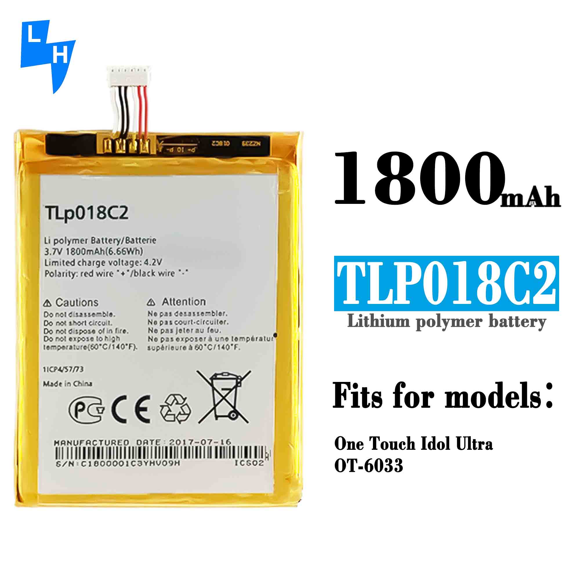 1800mAh Li-ion Polymer Battery for Alcatel One Touch Idol Ultra OT-6033 OT-6033X Tab