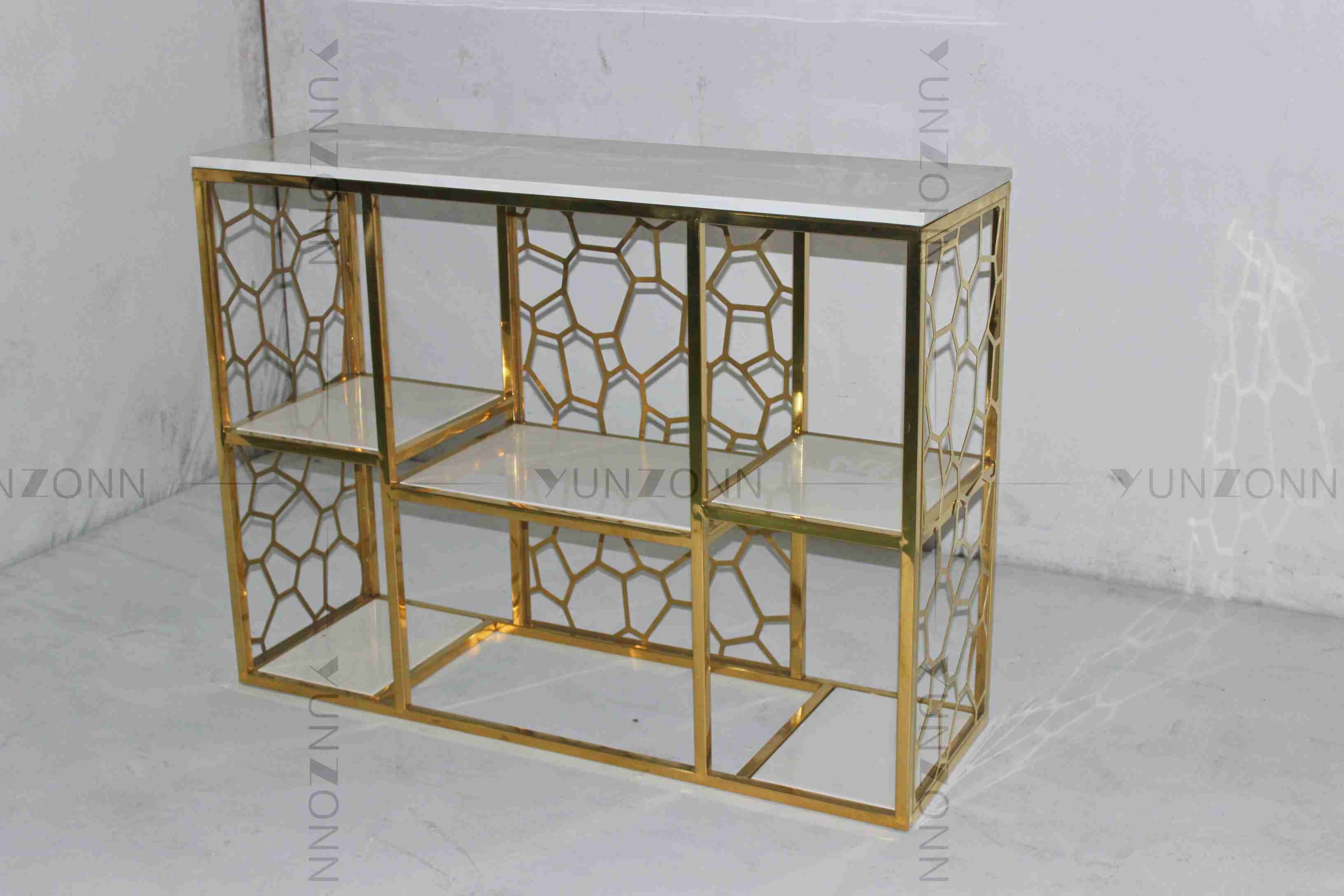 Hollow Out Pattern Carving Design Storage Cabinets Marble Gold Plated Shelving