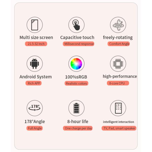 27 inch 6G+128G Capacitive Touch Portable TV, Stylish and Modern, Rotatable Tablet Stand - Smart Home Assistant with Bluetooth & WiFi, Follow Me