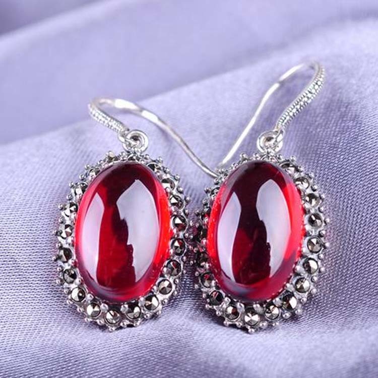 Vintage Sterling Silver Oval Red Cubic Zirconia Dangle Earrings (E12034)