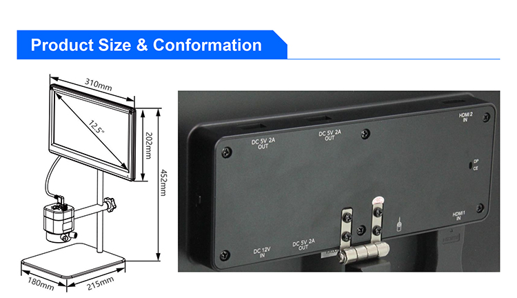 12.5" LCD HDMI USB Digital Microscope 6x - 39.4x 2.0M Real Time Auto
