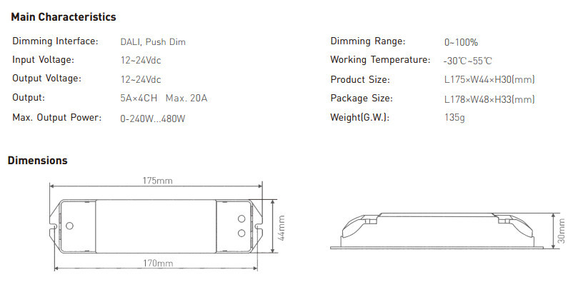 CV DALI Low Voltage Driver,12-24V DC 5A*4CH Constant Voltage Dali Driver
