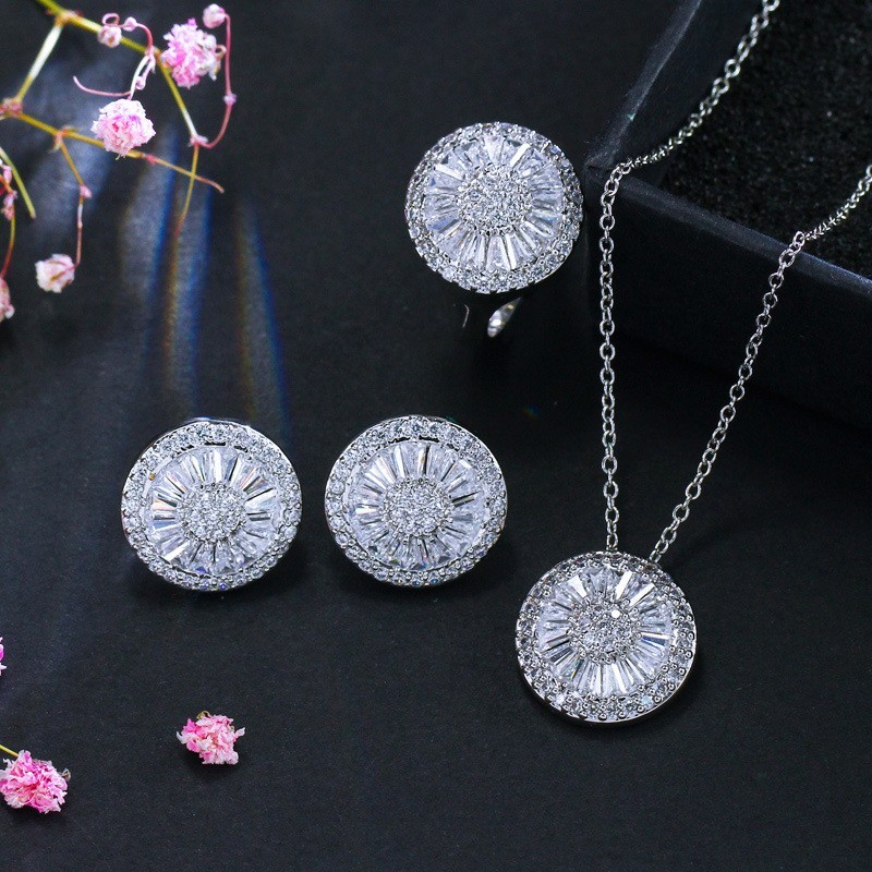 Charming 925 sterling silver white gold plated Cubic Zircon CZ Clear diamond Earrings Necklace Bridal Jewelry set
