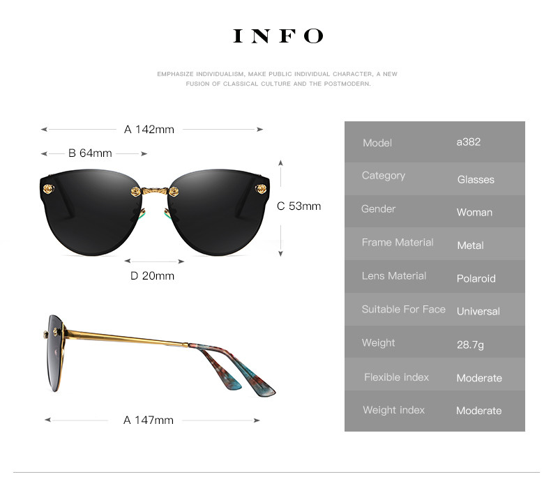 Fashionable Classic Rose Women Cat Eye Rimless Sunglasses Mirror Polarized