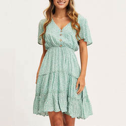 Elegant Casual V-Neck Button Front Short Sleeve Women Dresses Floral Printed Mini Dress