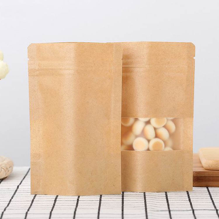 Retail Sale 20*30*5CM Plastic Stand Up Brown Zipper Kraft Paper Bag With Window