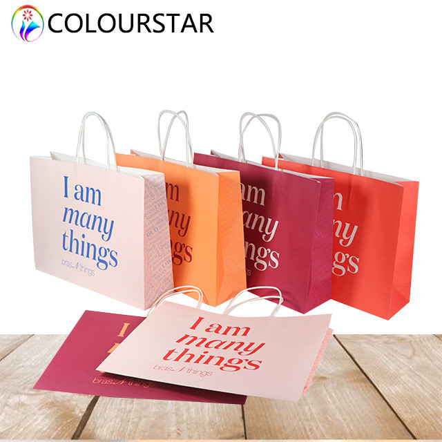 SGS CMYK Kraft Paper Shopping Bag Twisted Handles​ 157gsm With Logo
