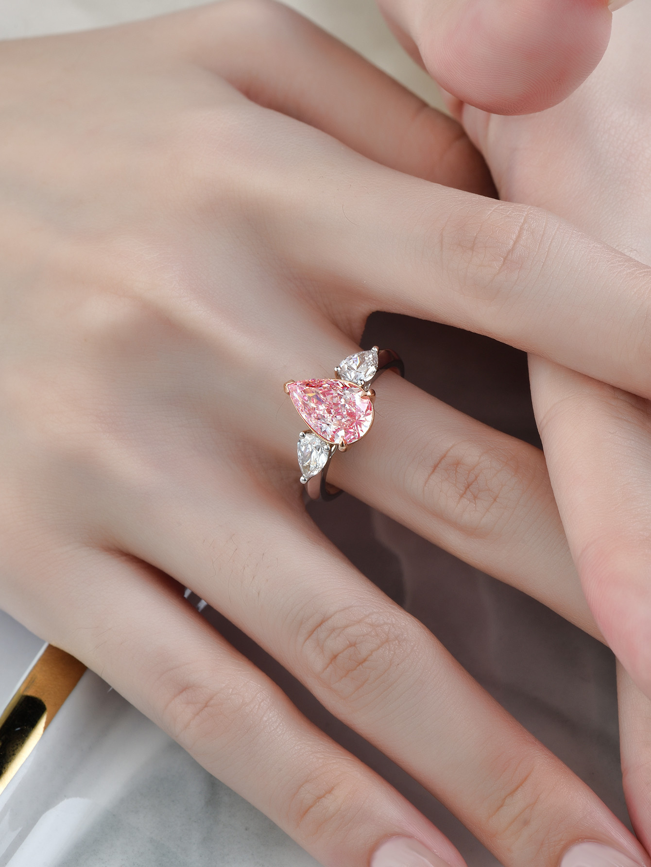 CVD Laboratory Cultivated Pink Diamond Ring Pear Shape 18k White Gold Ring