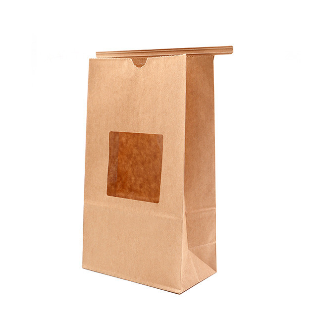 Brown Kraft Food Packaging Paper Bags With Window Strong Bottom Uncoated Lining