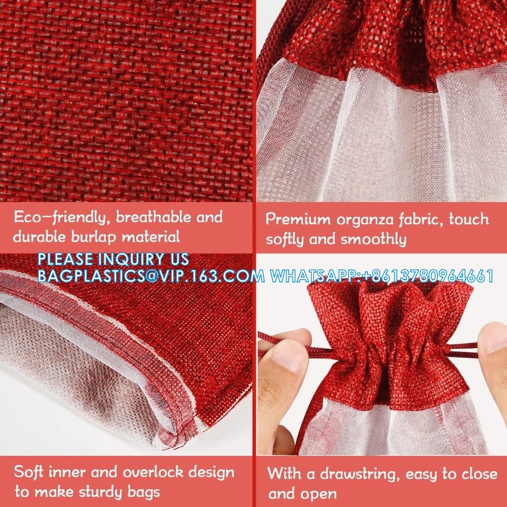 Organza Gift Bags, Jute Red Wine Bags, Burlap Bottle Pack 750ml With Sheer Window Organza Hessian Drawstring Bags