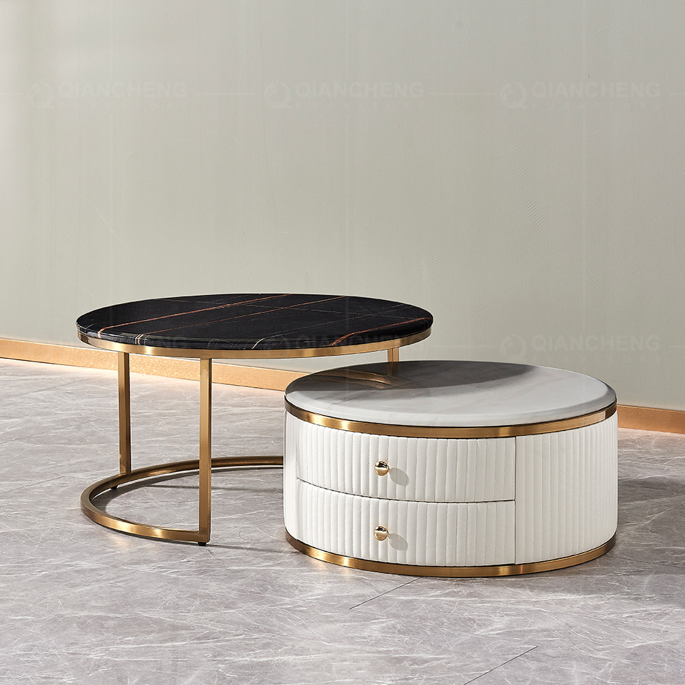 0.22m3 Mirror SS Coffee Table Set With Storage 2 Drawers Stone And Marble Top