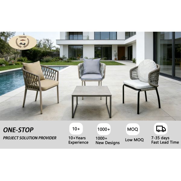 Beige Rope Woven Outdoor Dining Arm Chair with Aluminum Frame for Patio and Garden