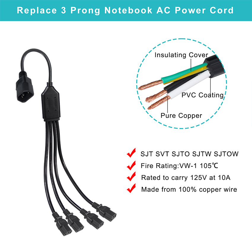 Black Reel Angle Connector H05vv F Plug Iec C13 Iecc14 Male To Female Y Splitter Cable Power Extension Cord