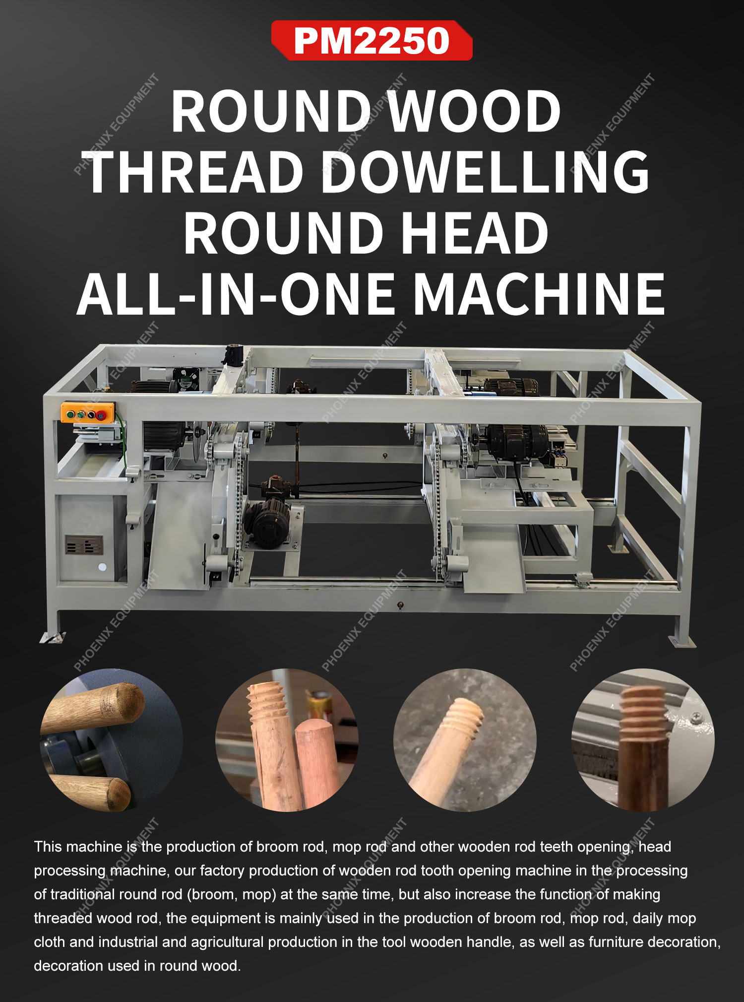 Customizable 1200-1350mm Round Wood Rod End Thread Forming Handle Cutter Machine