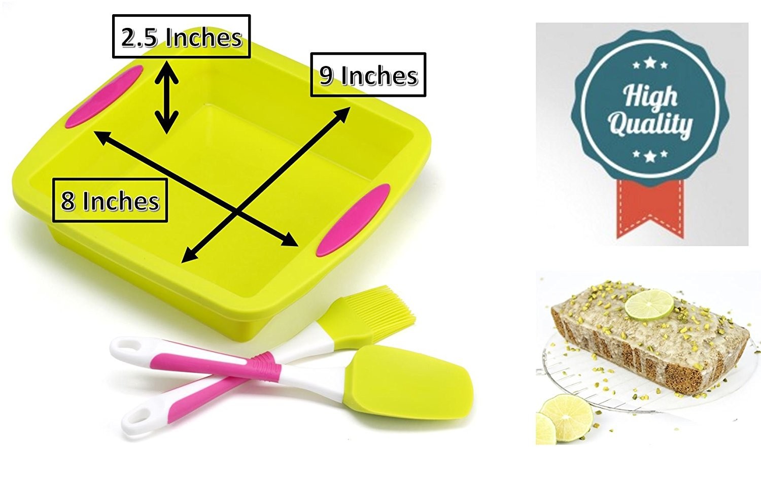 Square Cake Pan Baking Mold MeatLoaf bread Pie set with Spatula and Brush Extra Thick and Solid Silicone