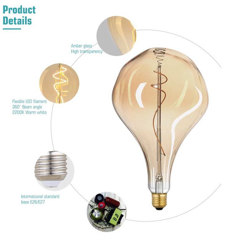 400lm PS160 Oversize LED Bulb 4W Amber Glass Edison Large LED Filament Bulb