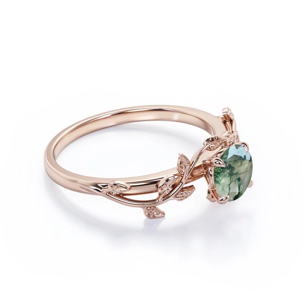 Floral Bezel Round Cut Natural Transparent Moss Green Agate Engagement Ring