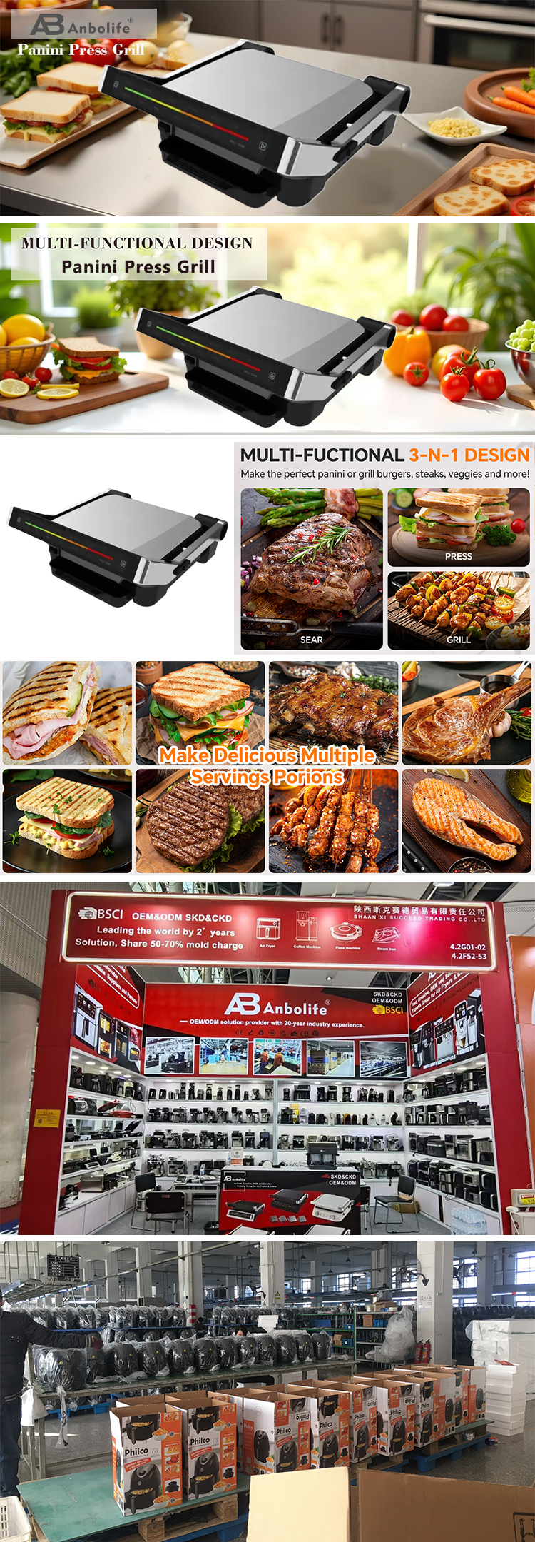 2000W Grill Detachable Plate Sandwich Press Panini Grill Non Stick
