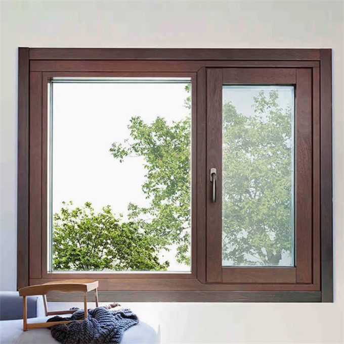 Horizontal Opening Wood Grain Aluminum Casement Windows Sound Insulation 35dB