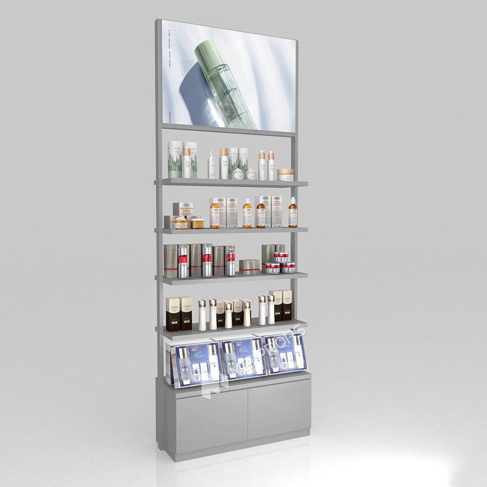 Makeup Shop Fitting Grey Wooden Counter With Light Box For Customized Shop Decoration And Space-Saving Shop Interior Design