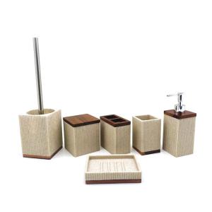 Quality ribbed Sand stone Polyresin Bathroom Accessories Set with wooden parts for sale