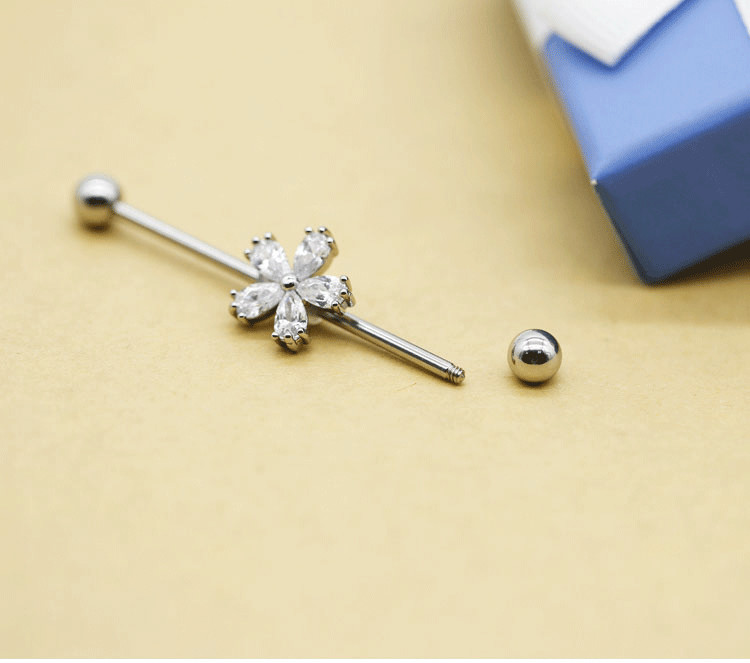 38mm 14G Industrial Piercing Jewelry Surgical Steel Rose Gold AB Crystal Gem