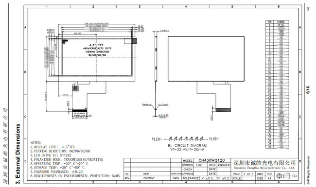 4.3 Inch Transmissive IPS LCD Display 480x272 All Viewing Direction